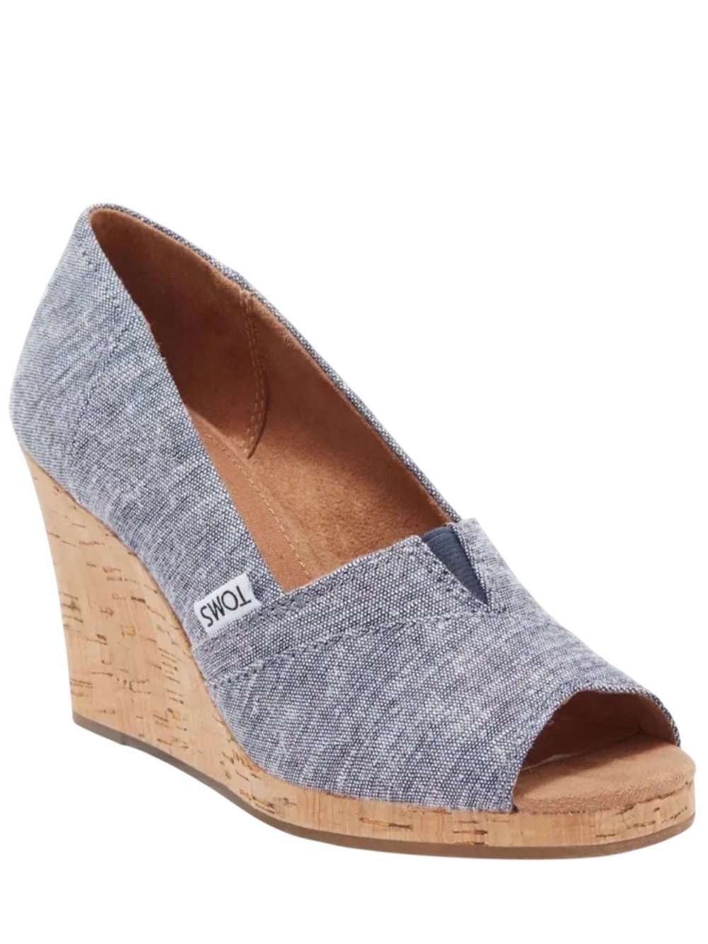 TOMS Gray Chambray Cork Wedge Peep-Toe Slip-On